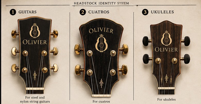 Olivier headstock identity concepts for guitars, cuatros and ukuleles