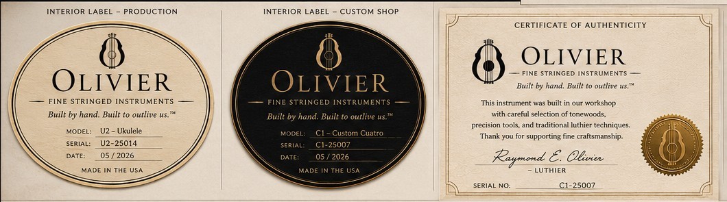 Olivier production and custom shop labels with certificate of authenticity